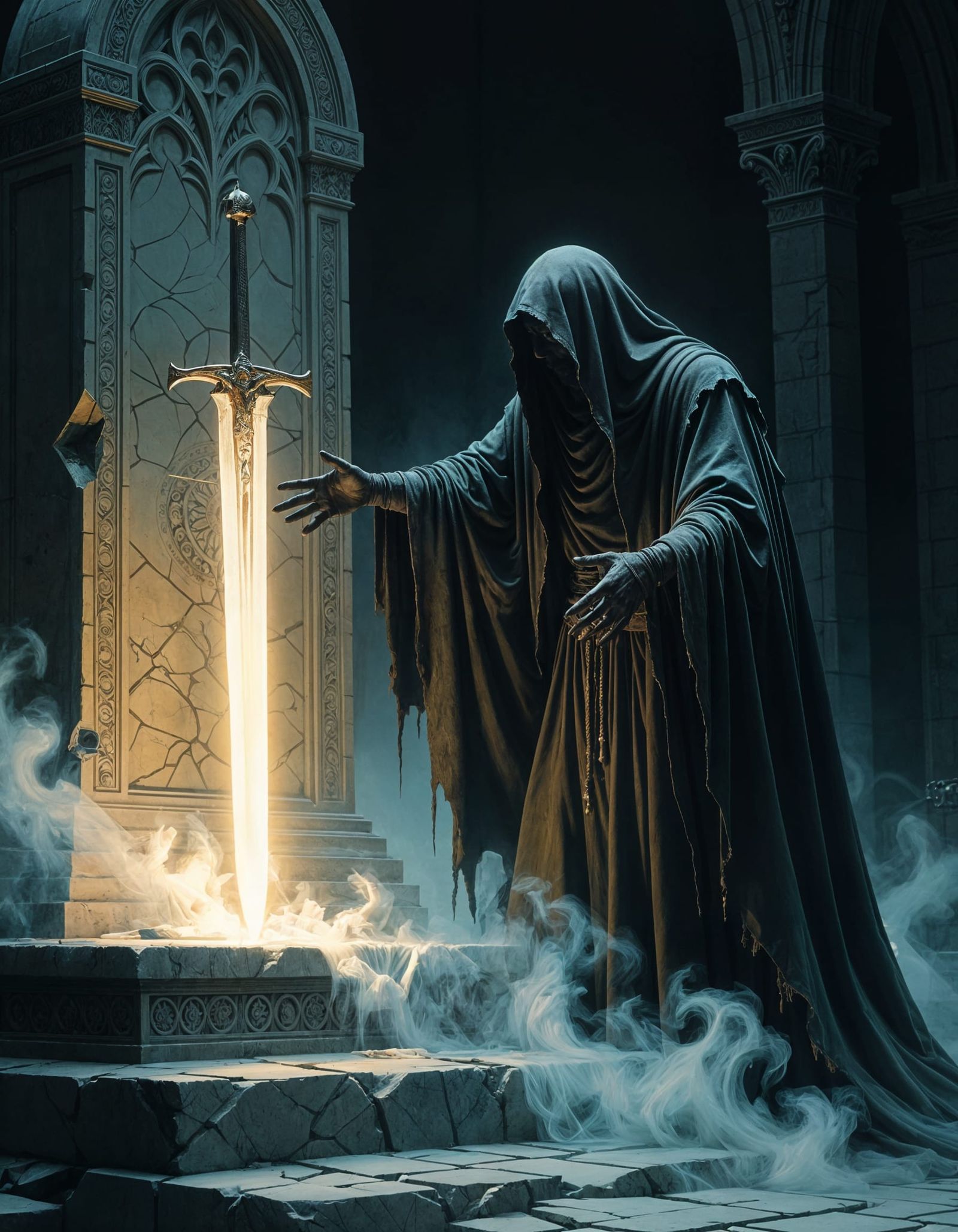 Ghostly Figure Reaches for Spectral Sword on Altar