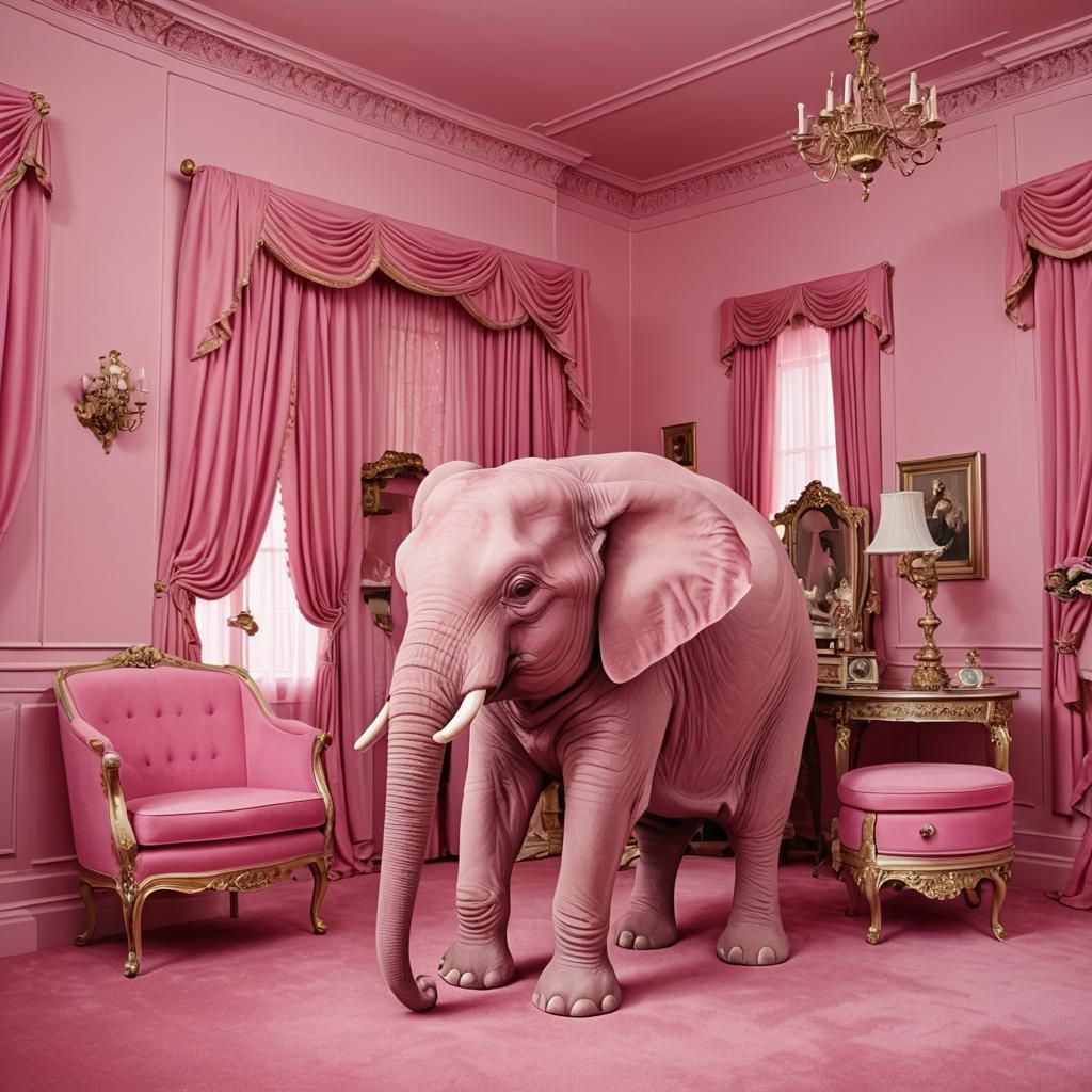 Humorous Pink Elephant in Pink Room