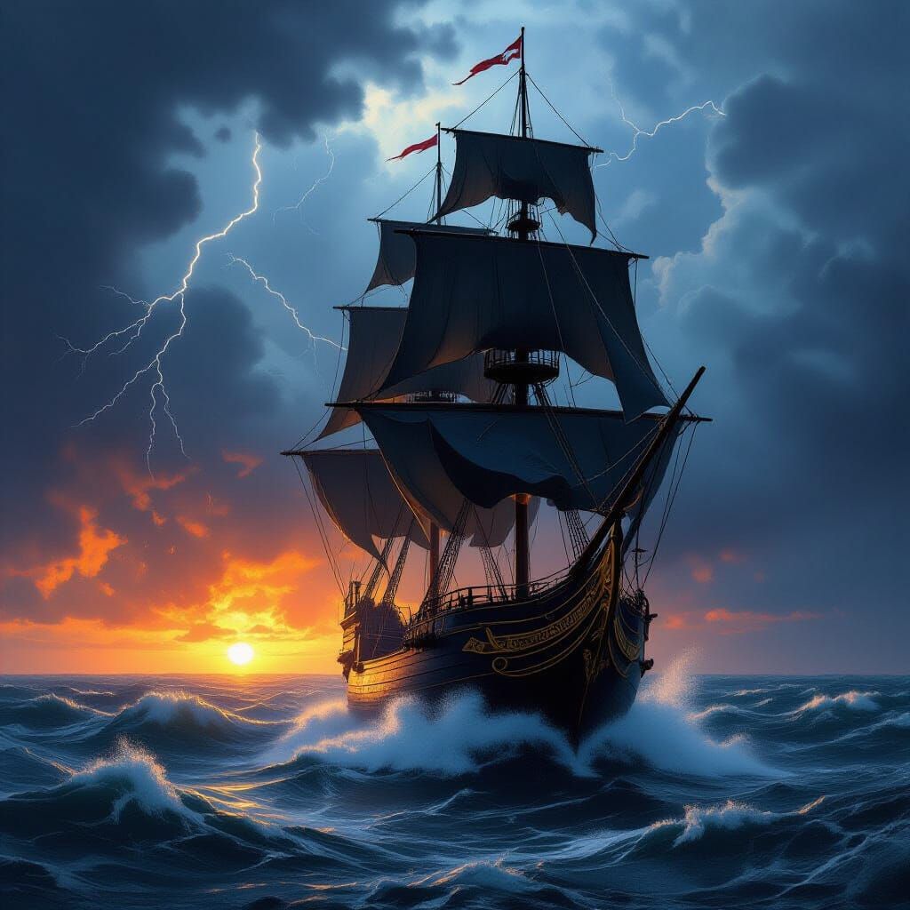 19th Century Tall Ship Battles Storm as Dark Fantasy Art