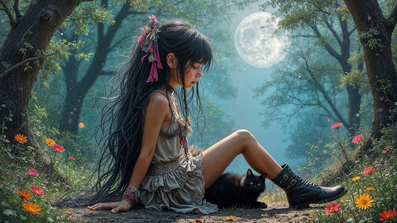 Mystical Forest Girl with Kitten in Ethereal Style