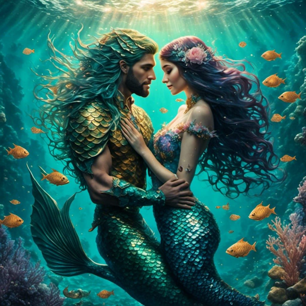 Mermaid and Merman's Deep Ocean Love