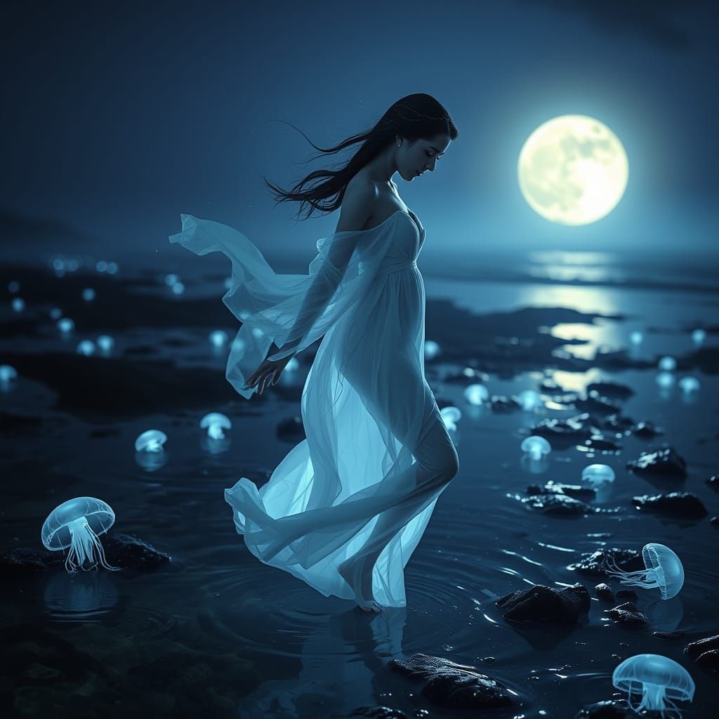 A Serene Goddess of the Moonlit Tides