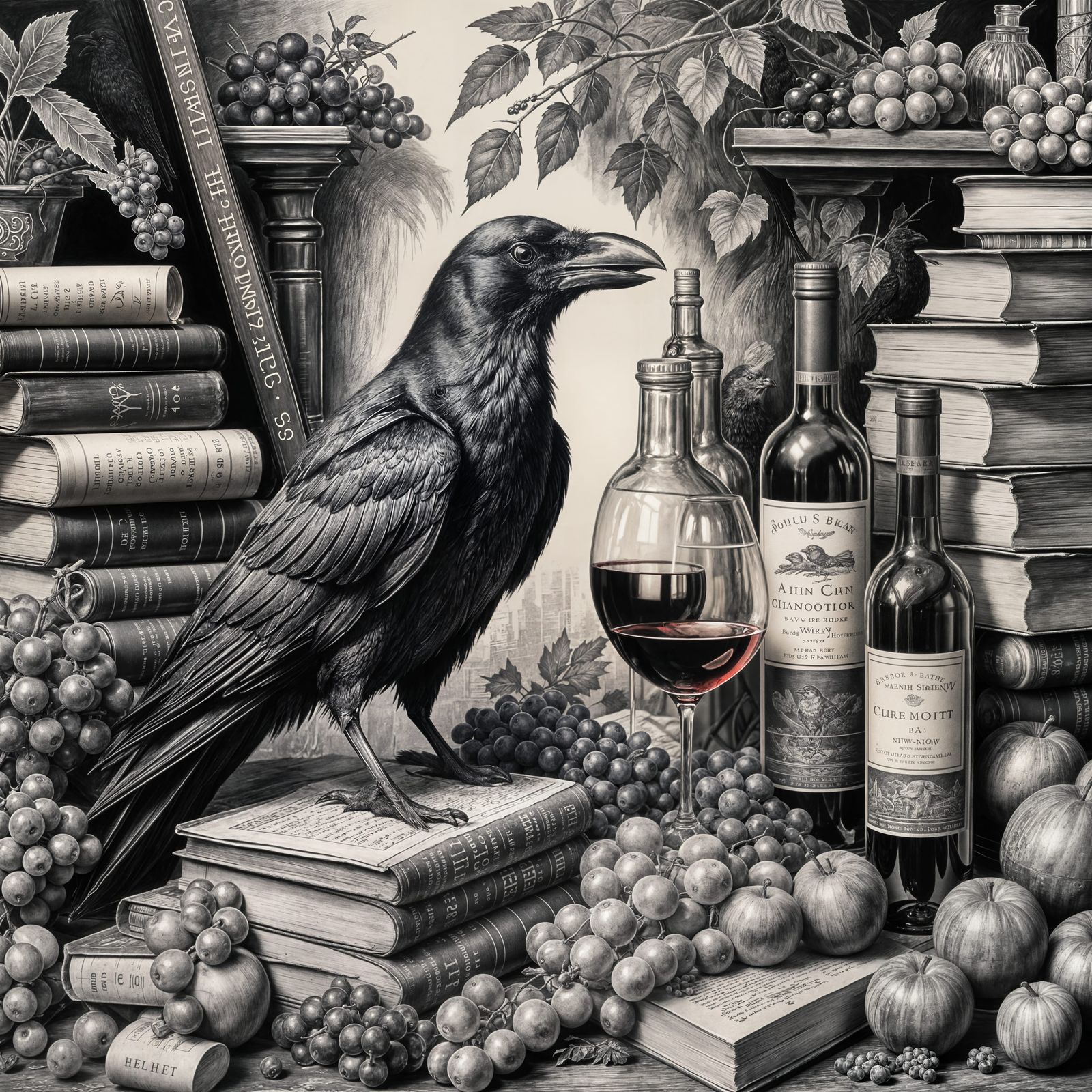 Crow Enjoys Wine Among Books: Charcoal Drawing