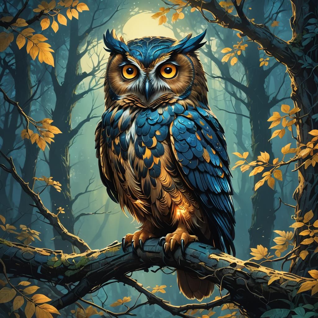 Mystical Owl Perched on Glowing Branch