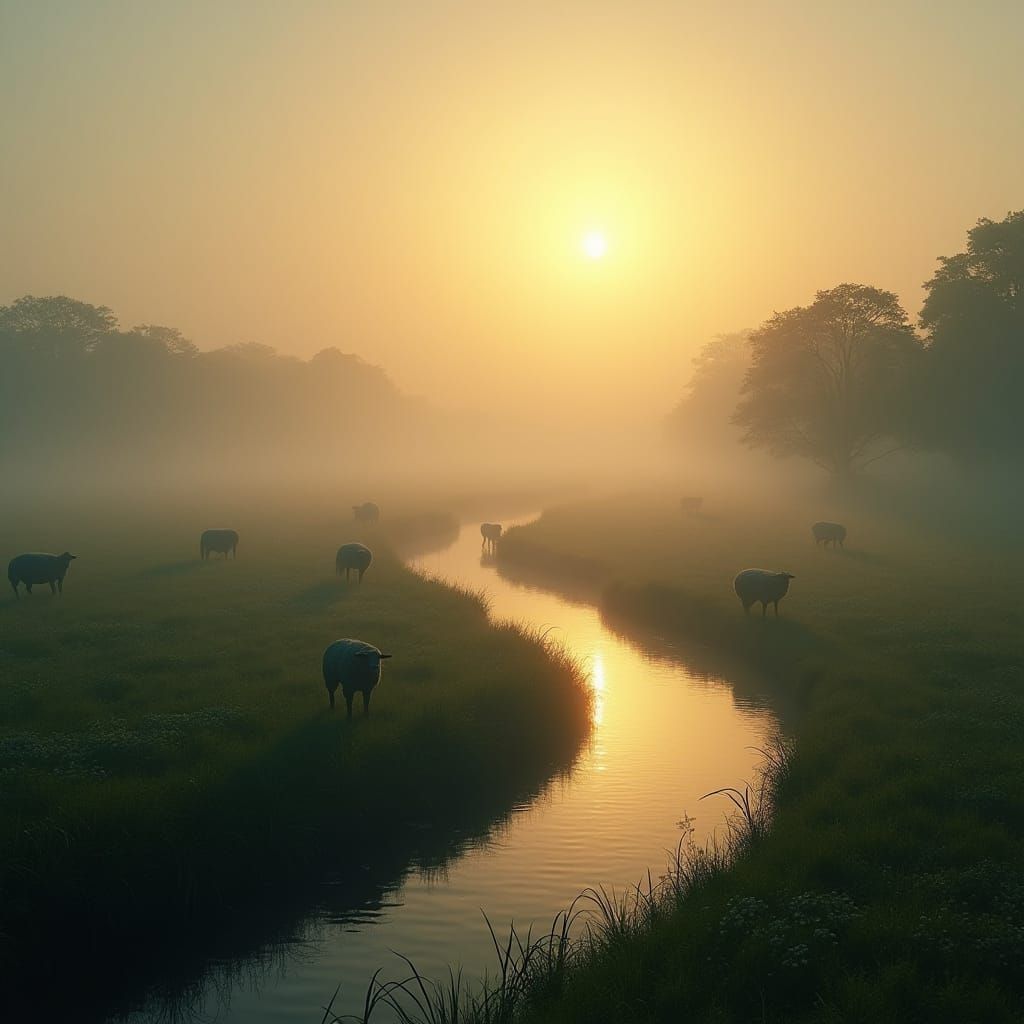 Serene River Landscape with Sheep in Digital Art