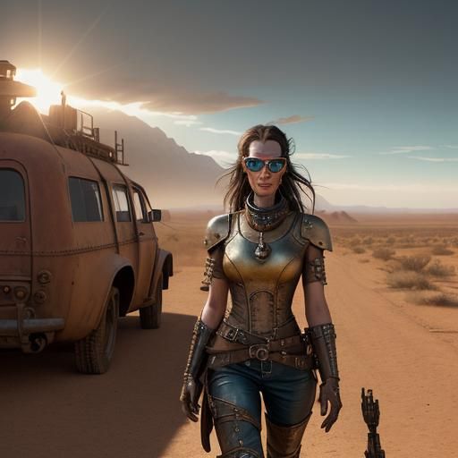 Steampunk Woman in Desert Landscape, Cinematic Photo