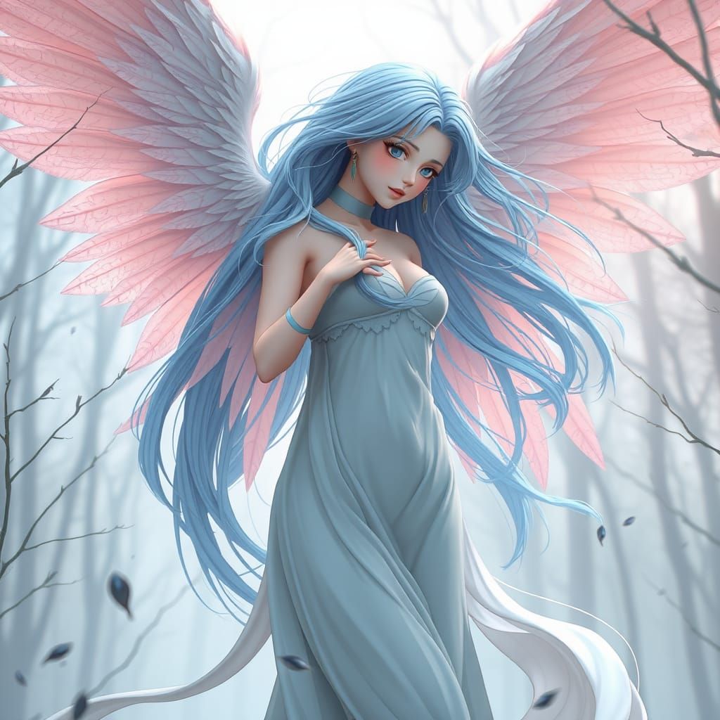 Winged Angel in Art Nouveau Fantasy Forest