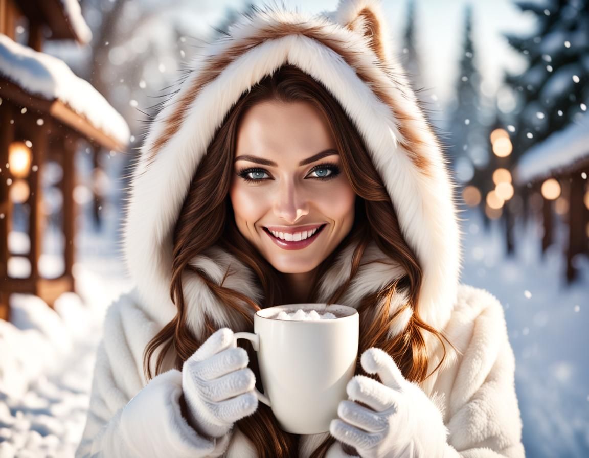 Woman in Snowy Landscape with Hot Cocoa