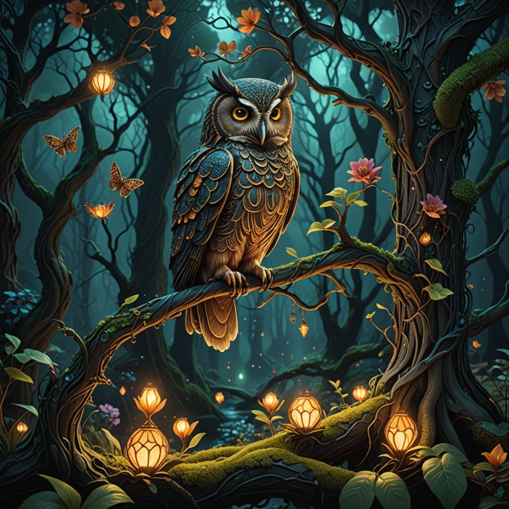 Art Nouveau Owl on Bioluminescent Tree