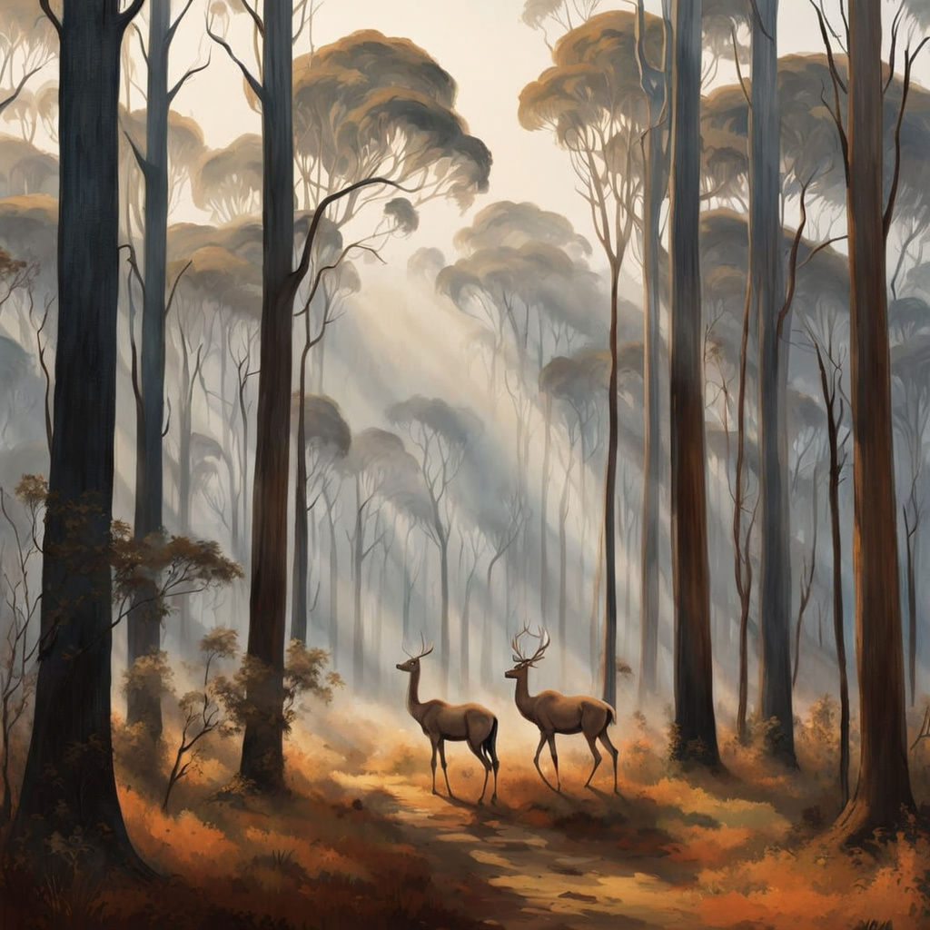 Australian Aboriginal Art: Brolgas Dancing in Misty Forrest