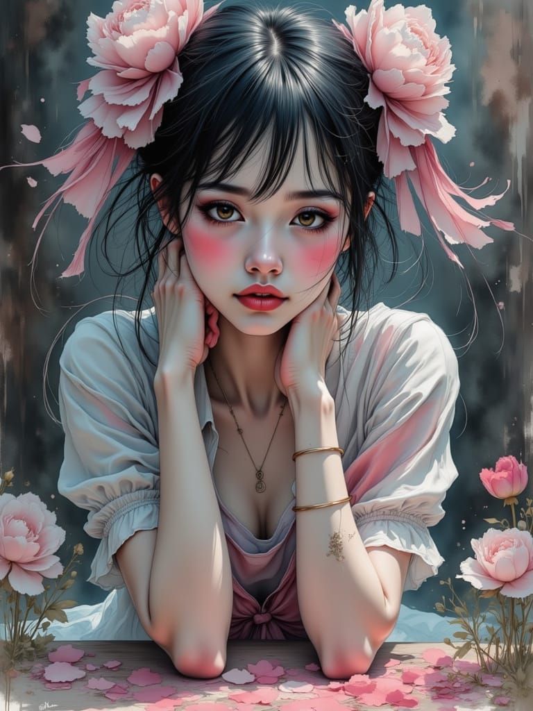 Anime Girl Illustration in Japanese Ink Style