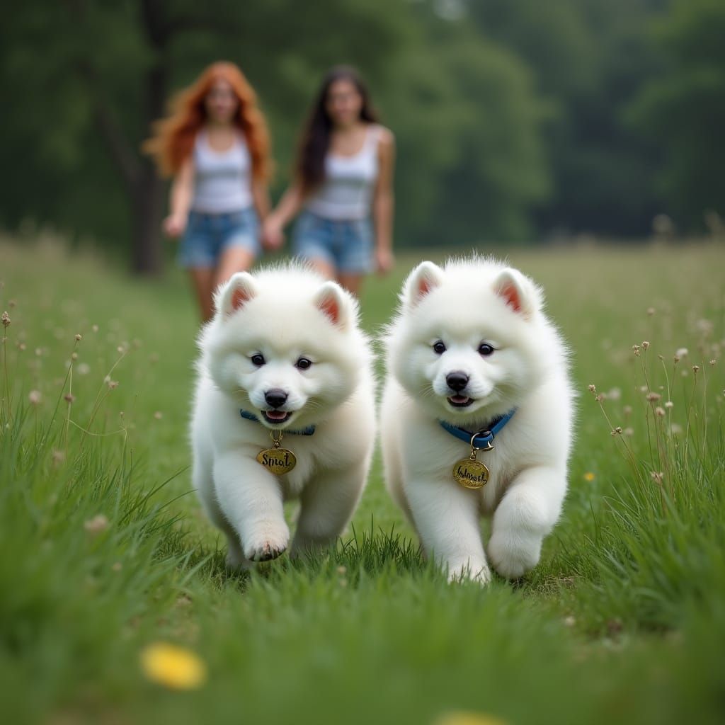 Samoyed Puppies Romp in Field, Hyperrealistic Cinematic Styl...