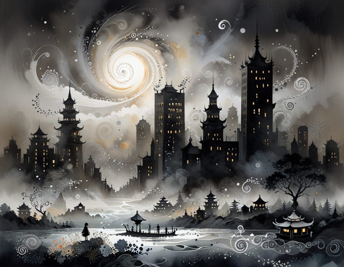 (city scape:1.2), Natasha Wescoat and Willem Haenraets, (spirals and swirls in the fog:1.5), nacre and topaz dominant, w...