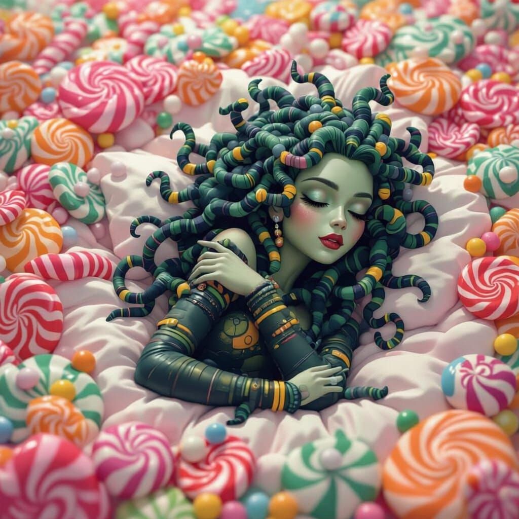 Medusa Slumbers in Whimsical Candyland Art