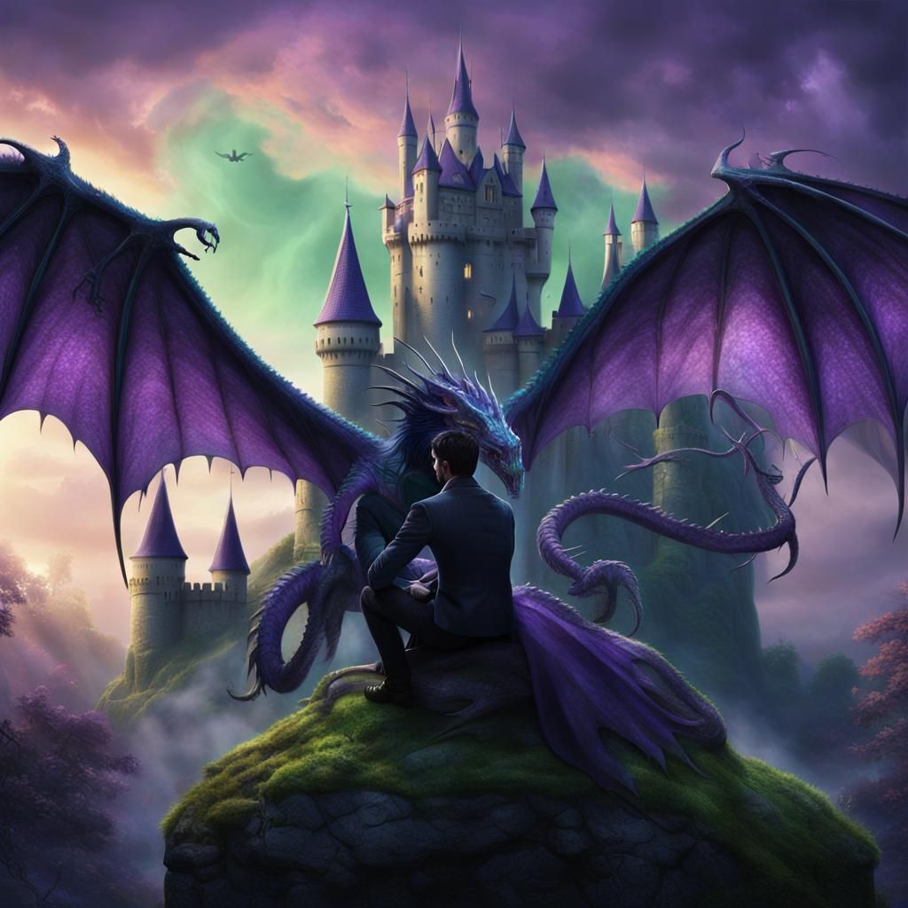 Man Rides Jabberwocky in Fantasy Castle Scene