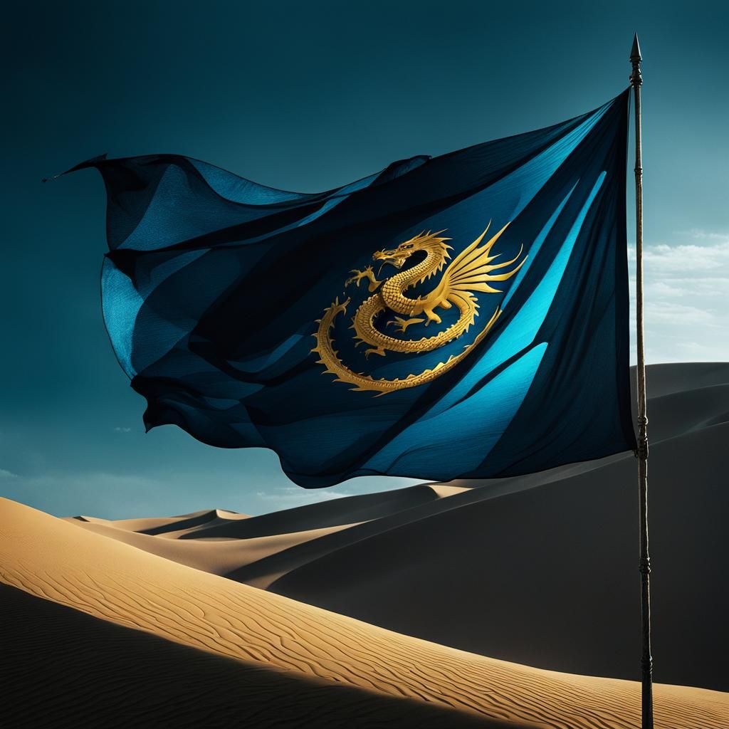 Ominous Brutalist Banner with Golden Dragon in Desert Wind