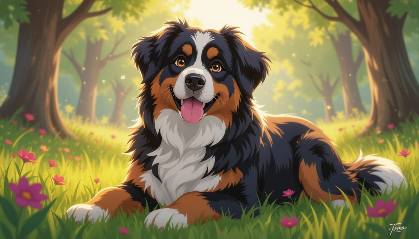 Majestic Bernese Mountain Dog in 3D Anime Style