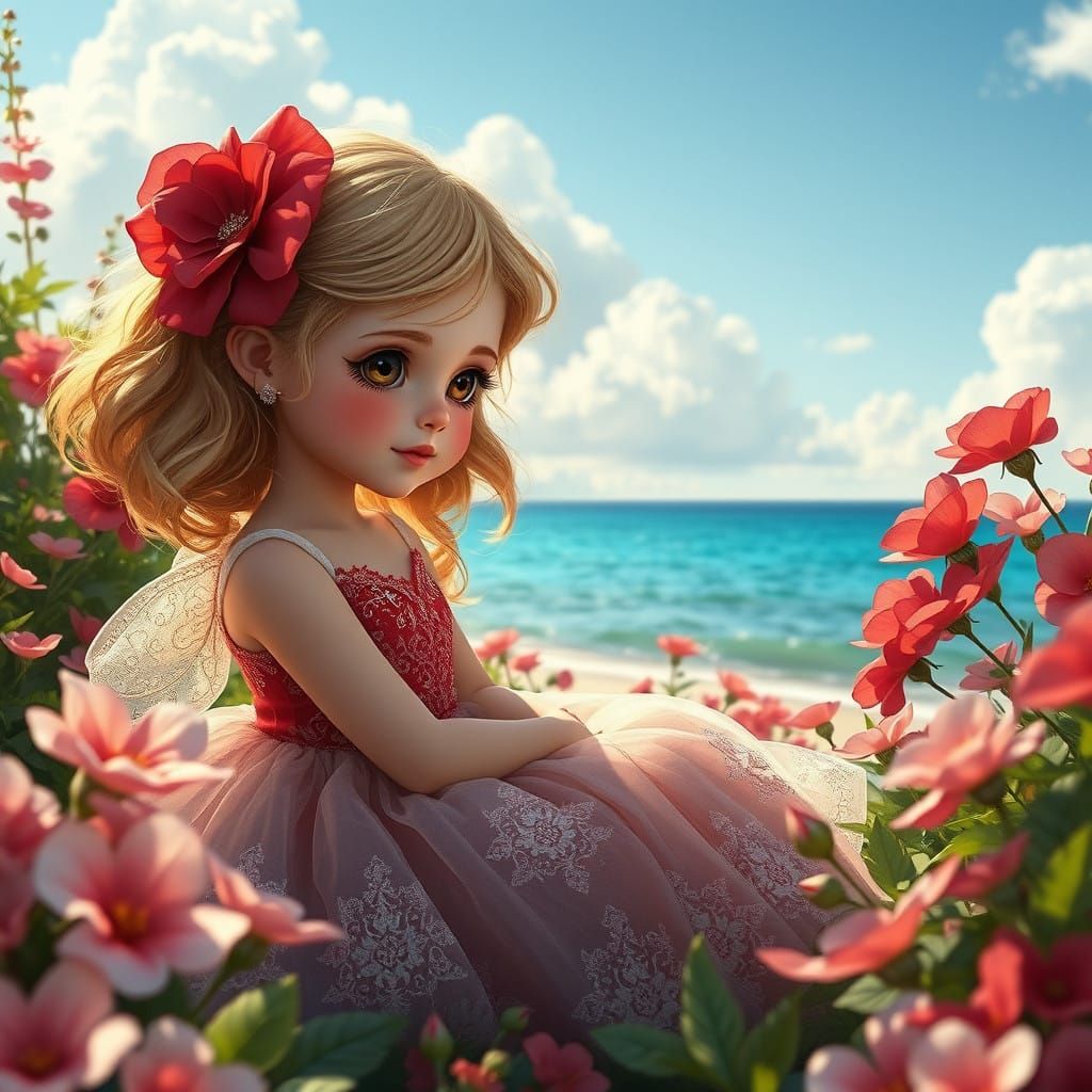Whimsical Little Girl in Scarlet Fairy Dress Amidst Lush Gar...