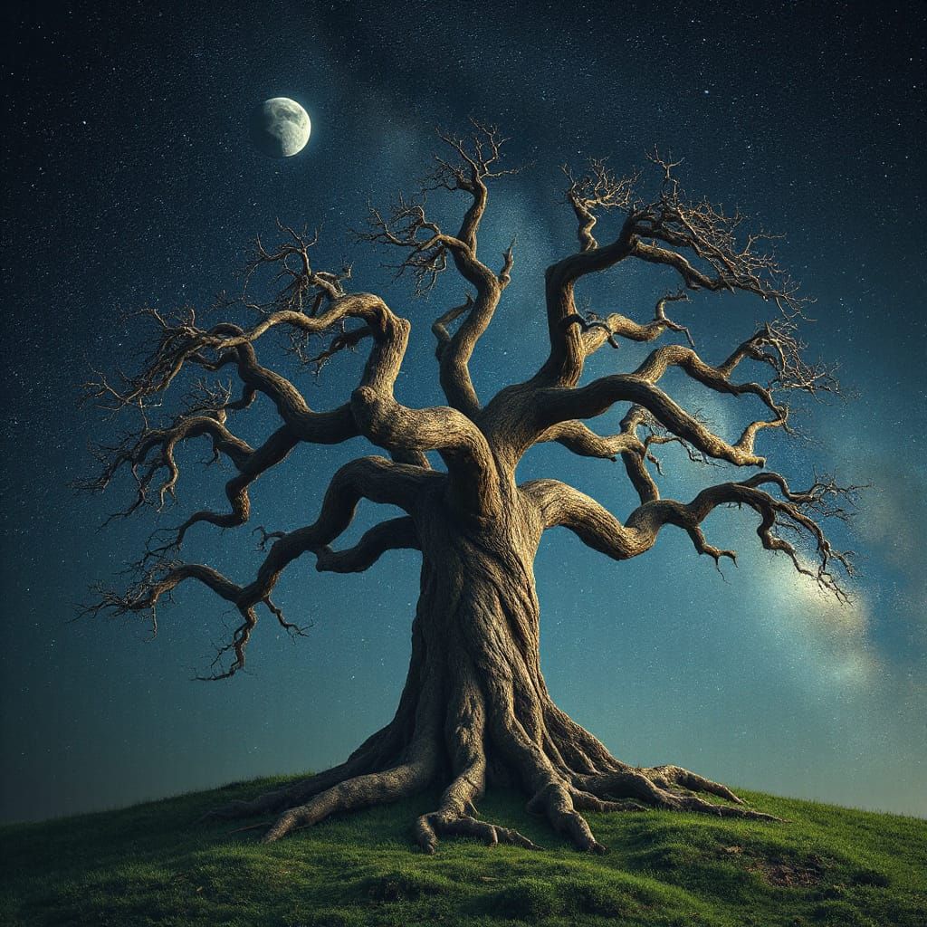 Ancient Tree Under Starry Sky in Surreal Style