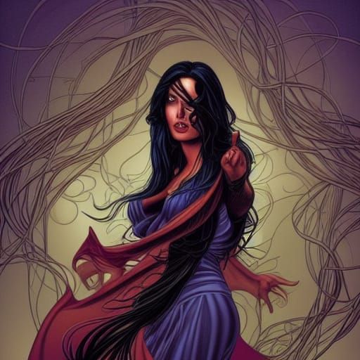 Woman with Long Black Hair in Comic Book Style