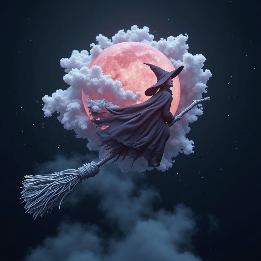 Moonlit Sorceress on a Darkwood Broom