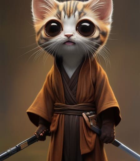 Adorable Jedi Kitten in Gouache Painting Style