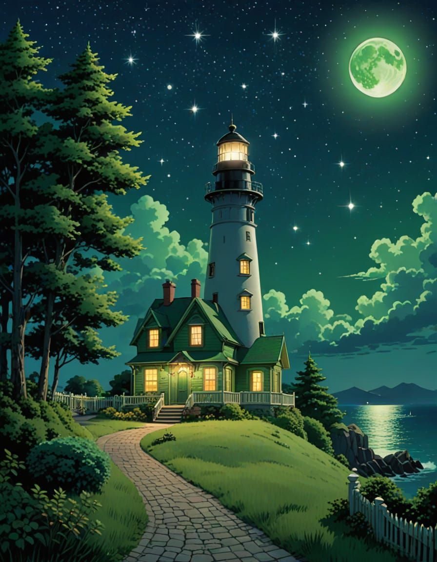 Whimsical Moonlit Night Scene with Studio Ghibli Trees and L...