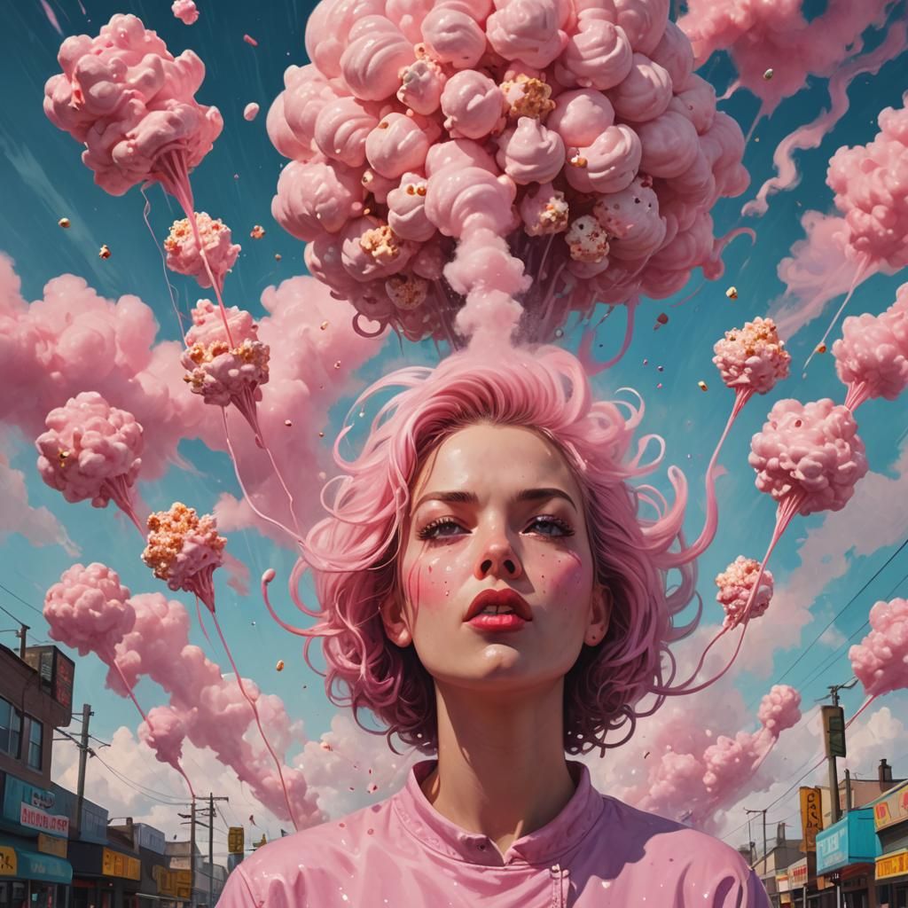 Vibrant Woman with Candy Popcorn in Digital Art Style