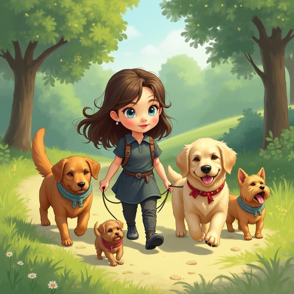 Girl Walking Dogs in Sunny Park, Whimsical Style