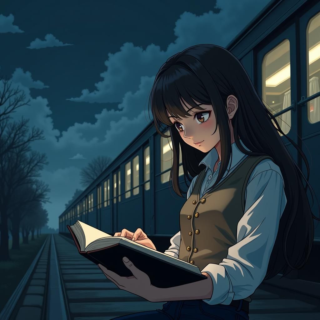Steampunk Anime Woman Reading at Train Station