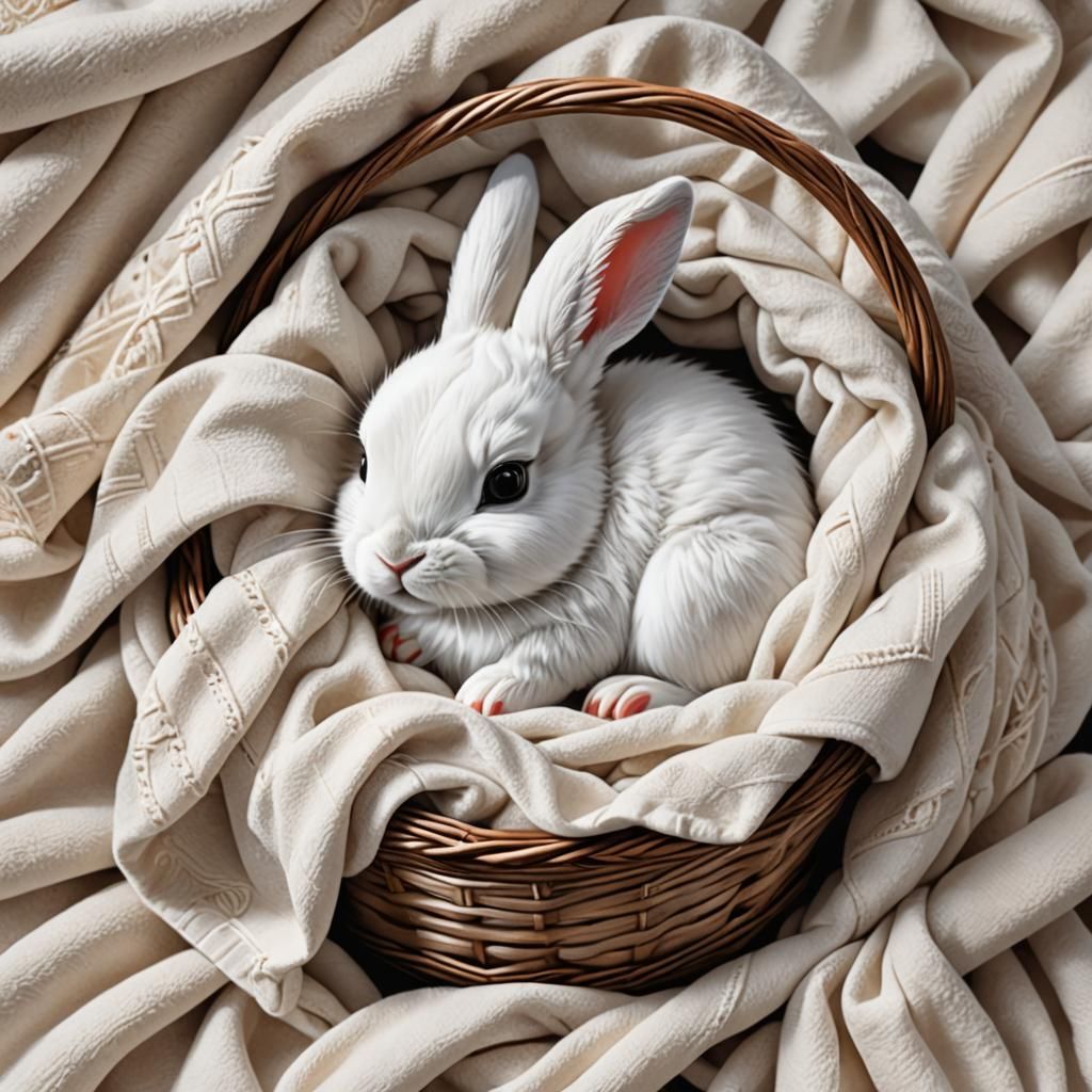 Sleeping White Bunny in Basket Cartoon