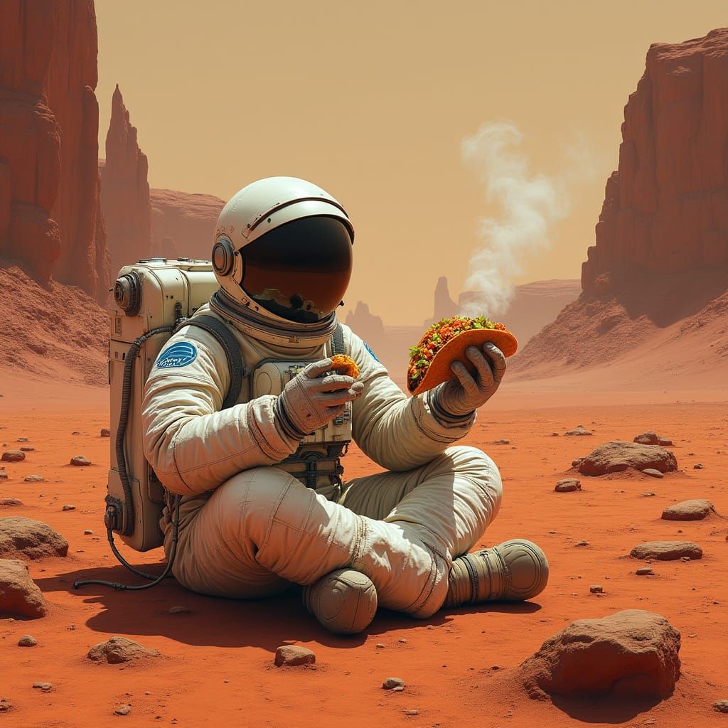 Astronaut on Mars Savoring Vibrant Taco in Dreamlike Landsca...