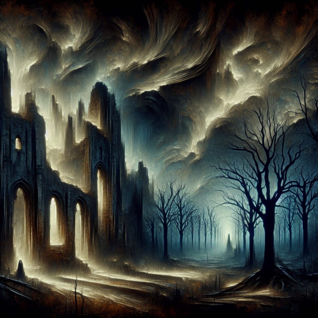 Dark Fantasy Ruins Under Stormy Night Sky