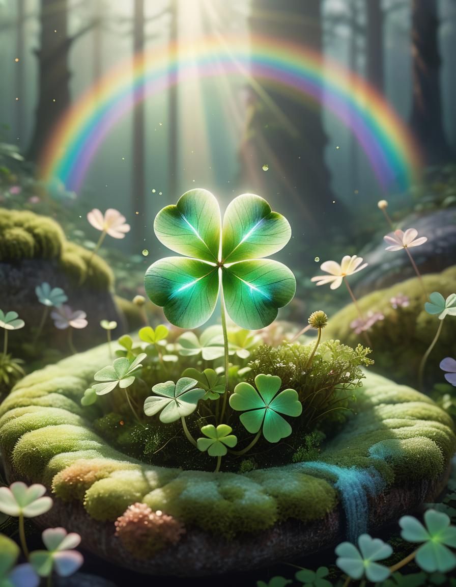 Mystical Four-Leaf Clover with Rainbow Aura