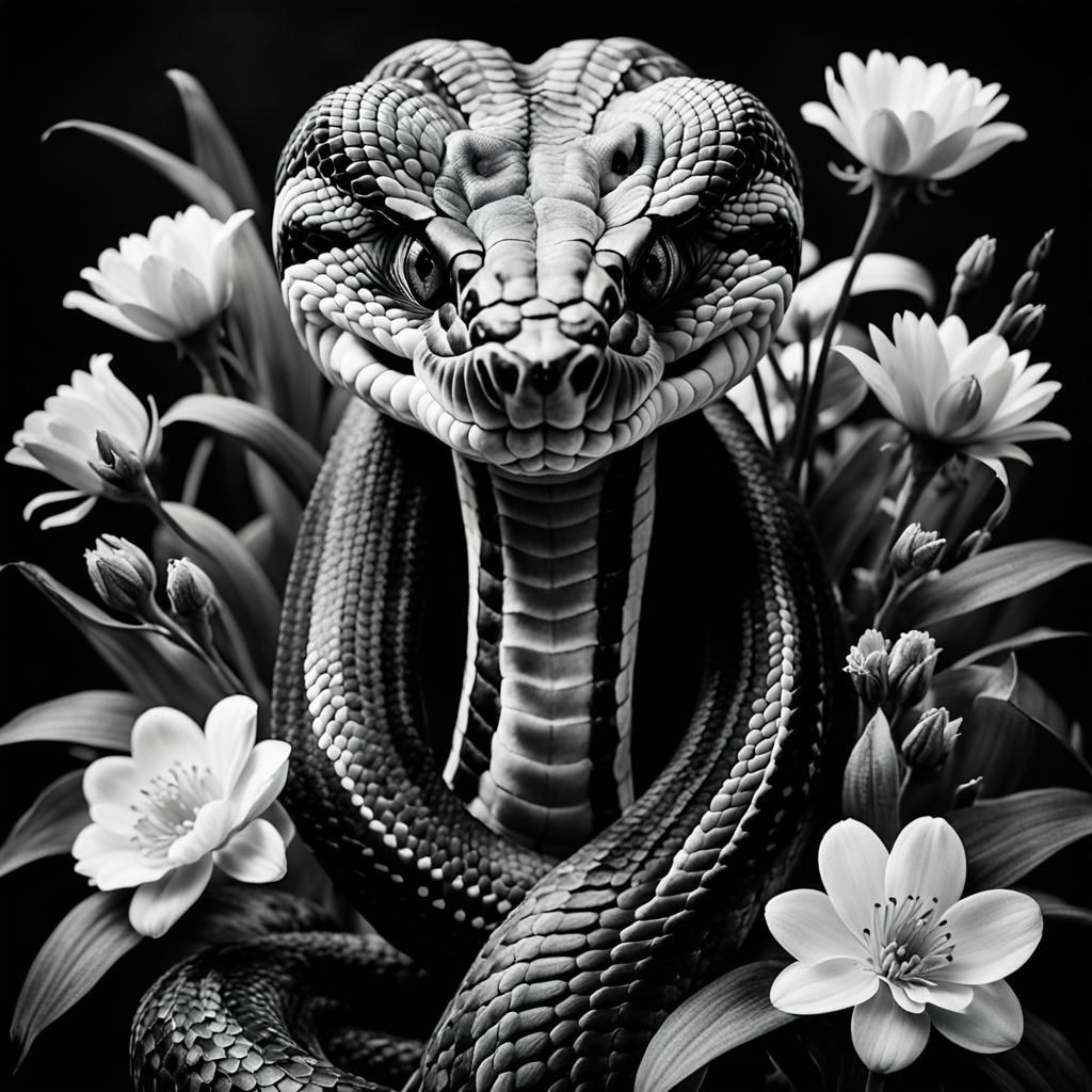 Cobra with Flowers: Striking Black and White Portrait