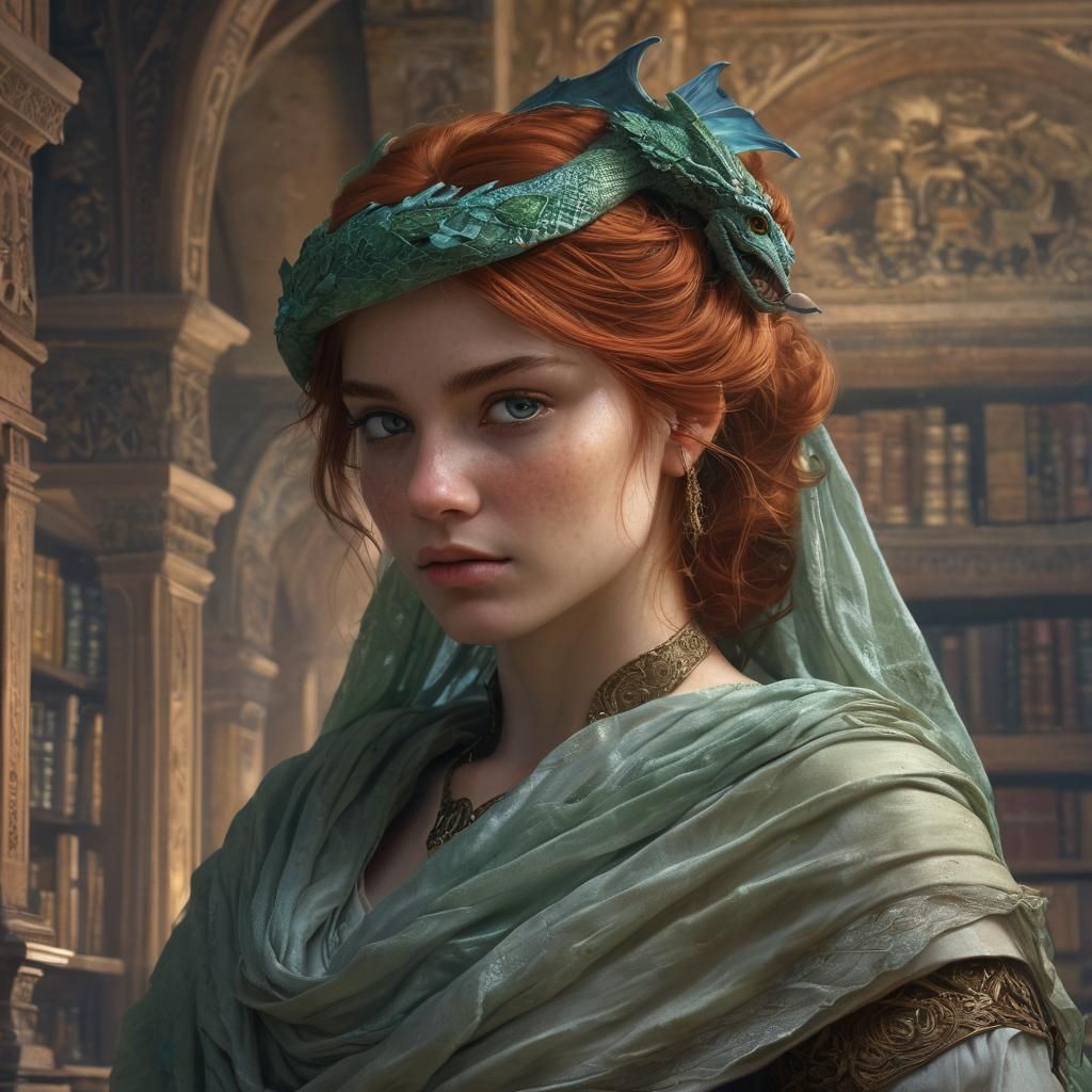 Draconic Servant in Ornate Library, Art Nouveau Style