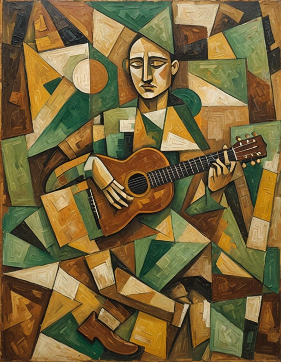 Cubist Guitarist Painting in Earthy Tones