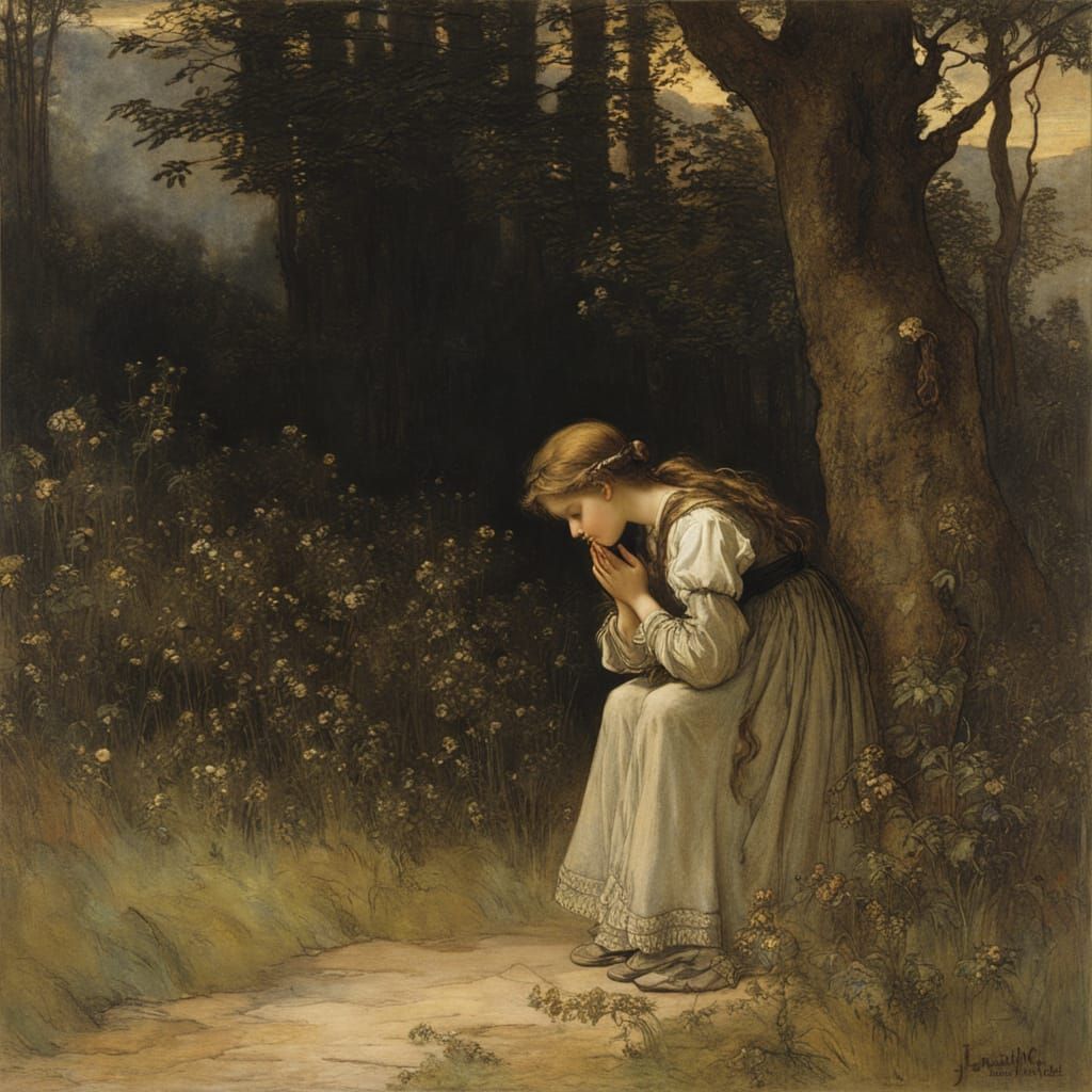 A Young Girl Prays Beside a Serene Pathway in Whimsical Fair...