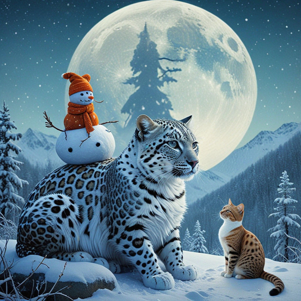 Whimsical Feline Snow Scene in Fairytale Chic