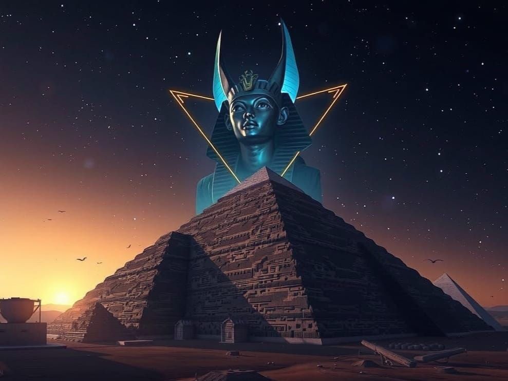 Cosmic Anubis Overlooks Ancient Pyramids