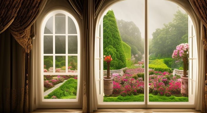 Blooming Rose Garden Through Luxurious Windows in 8K