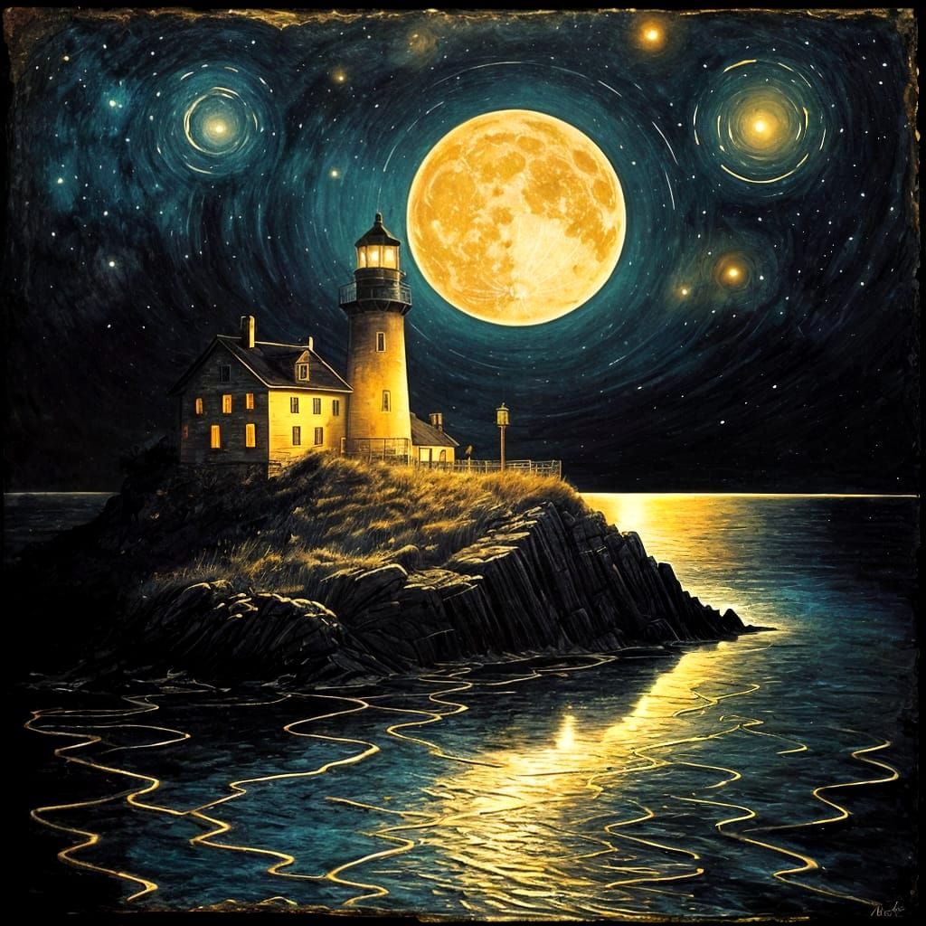 Golden Moonlit Lighthouse: Grungy Oil Painting