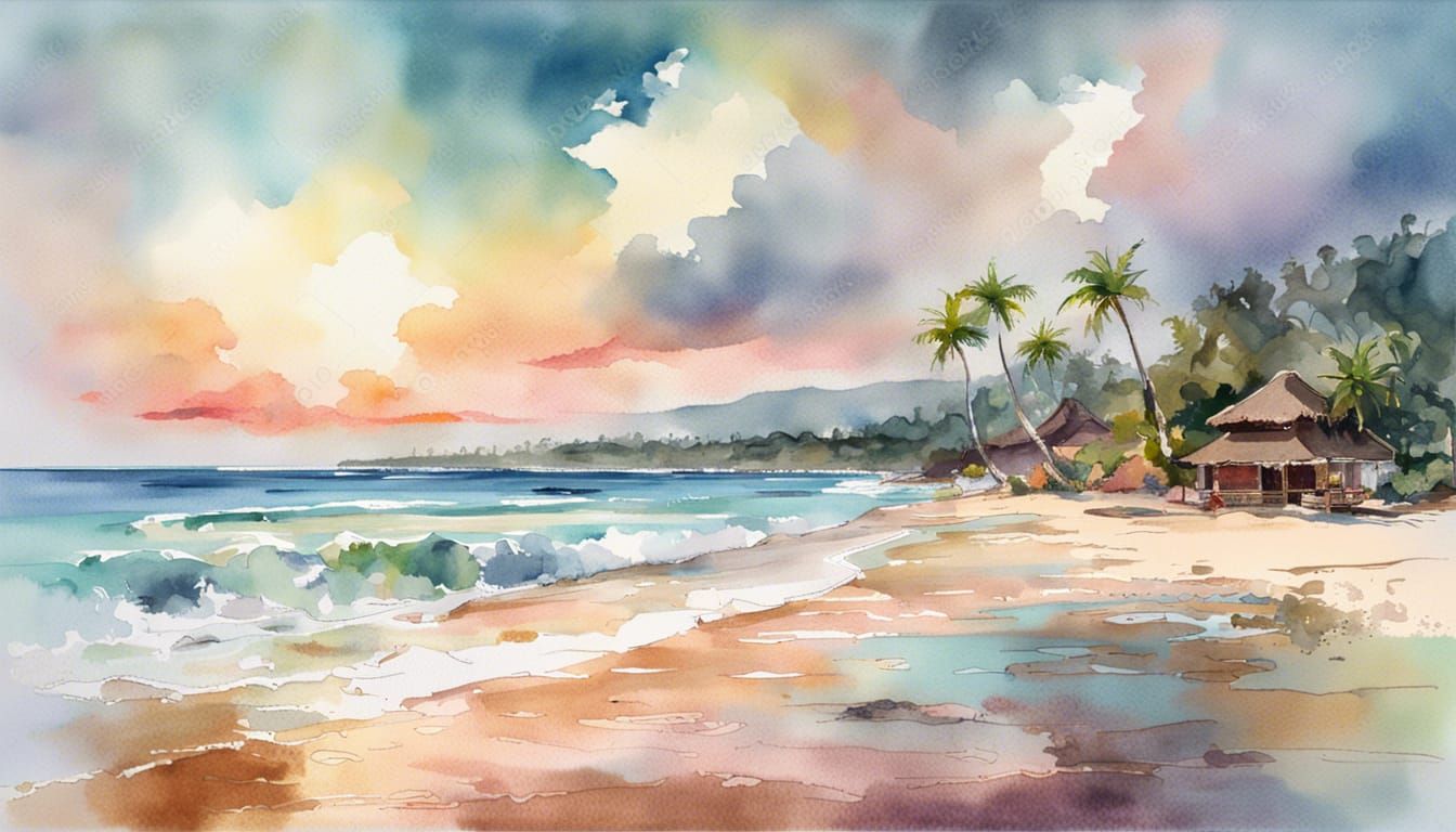 Bali Beach Watercolor Impressionist Masterpiece