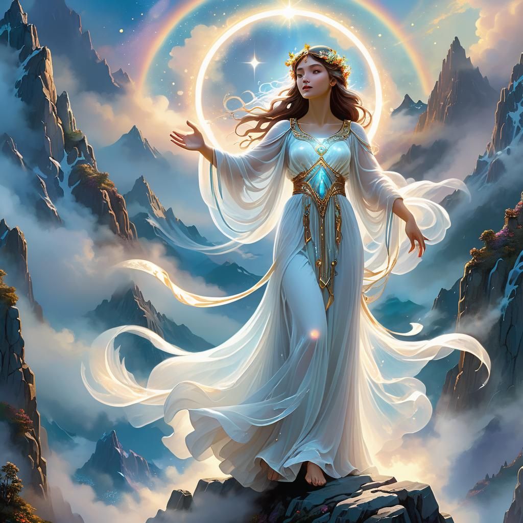 Celestial Goddess on Moonlit Peak, Oil Painting