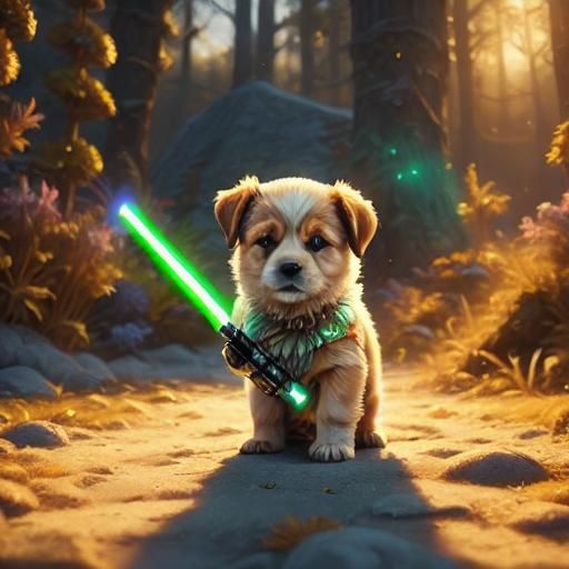 Cute Puppy and Dog with Lightsaber in 3D