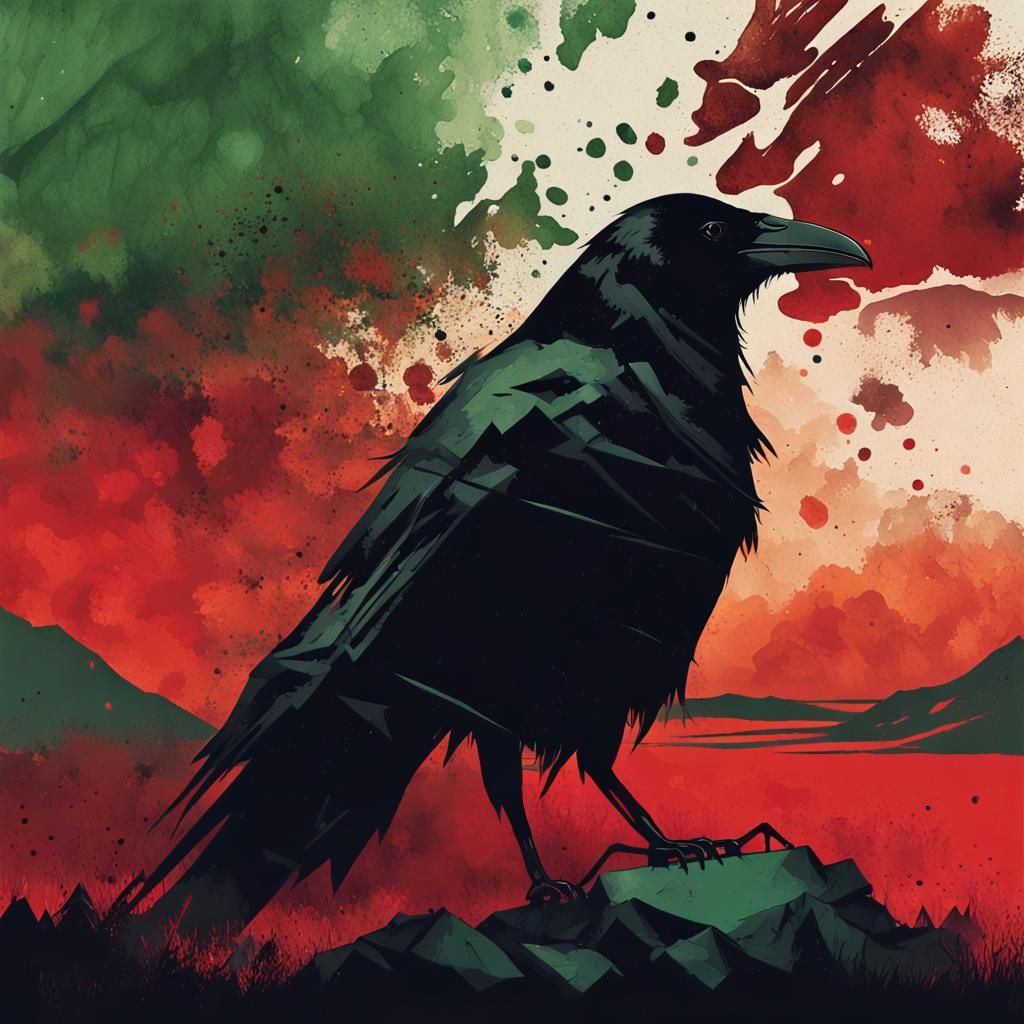 Crow Silhouette on Celtic Battlefield in Abstract Expression...