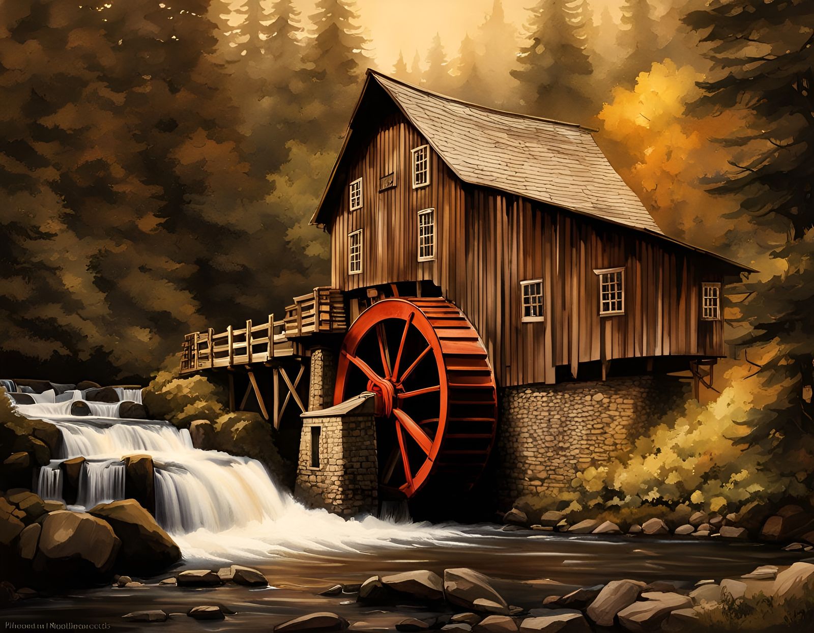 Cedar Creek Grist Mill: Golden Hour Sepia Landscape
