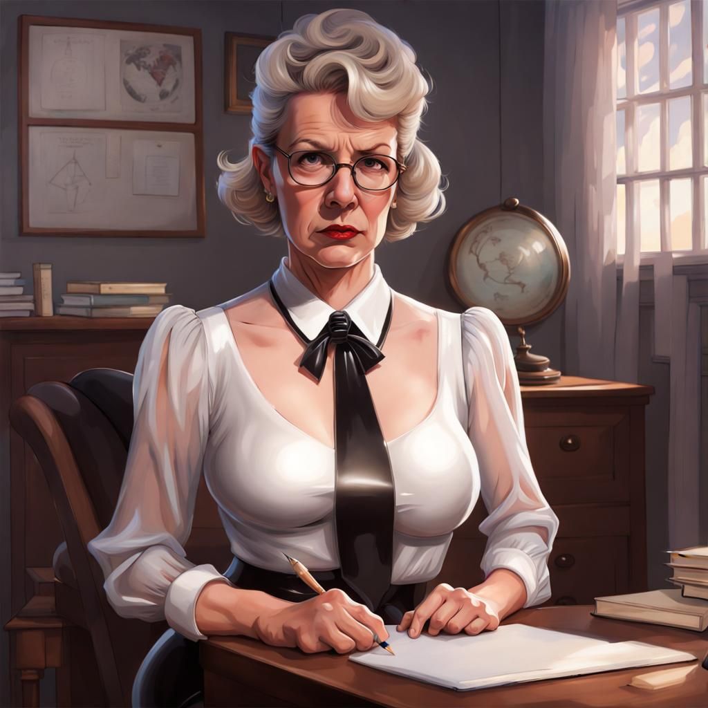 Stern Headmistress in Latex Outfit Stares Intently