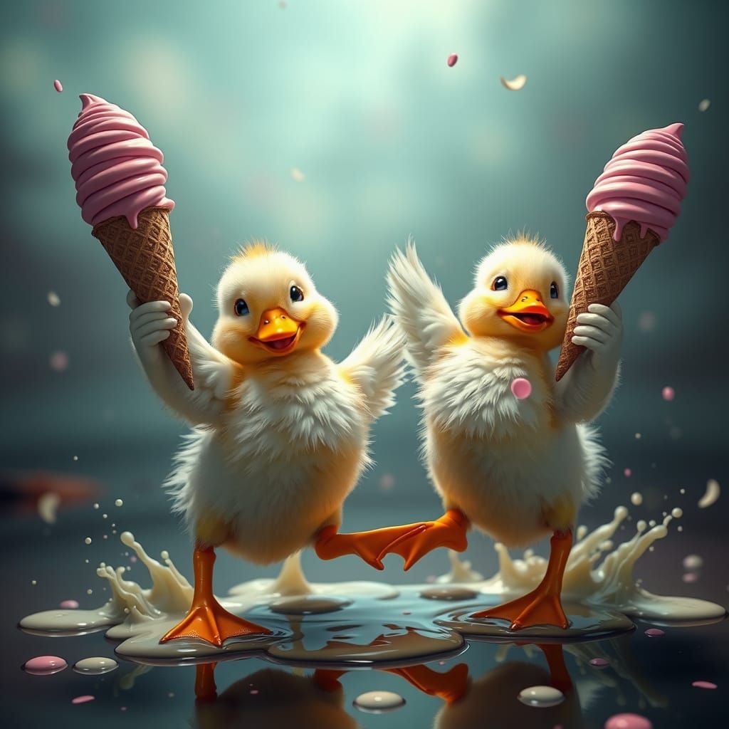 Dancing Ducklings with Melting Ice Cream: Fantasy Art