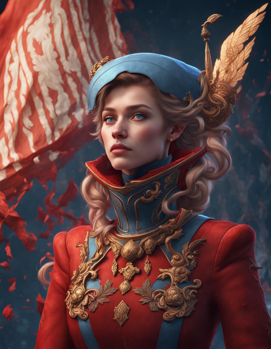 Fantasy Portrait with Red Flag in Detailed Painting